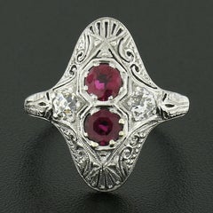 Antique Art Deco 18K Gold Ruby & Diamond Milgrain Etched Open Work Dinner Ring