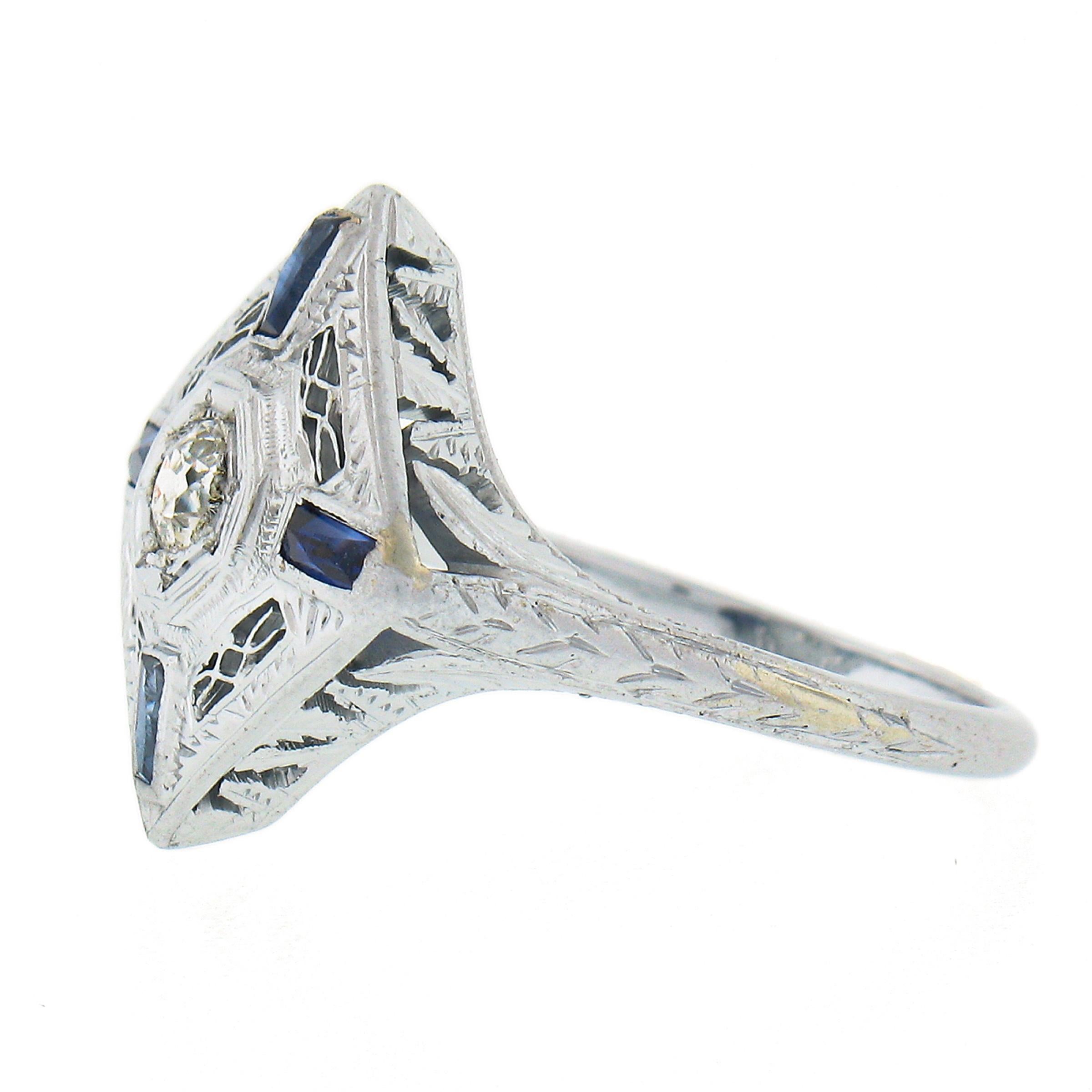 Women's Antique Art Deco 18k Gold Sapphire Diamond Engraved Filigree Dinner Platter Ring