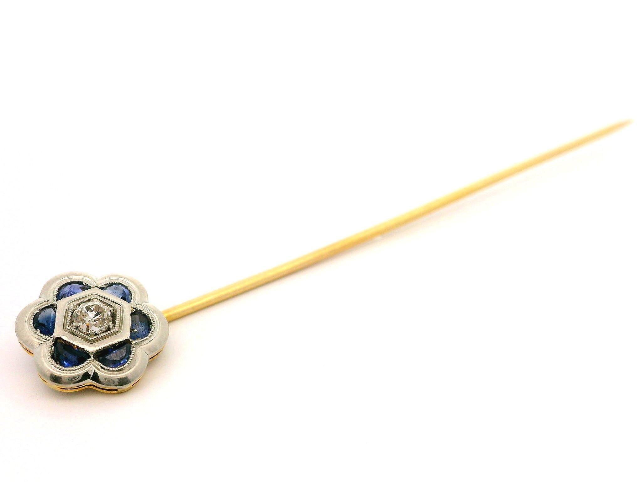 Antique Art Deco 18k Gold Sapphire Diamond Milgrain Etched Flower Stick ...