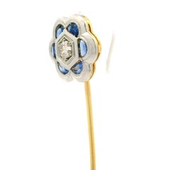 Antique Art Deco 18k Gold Sapphire Diamond Milgrain Etched Flower Stick Pin