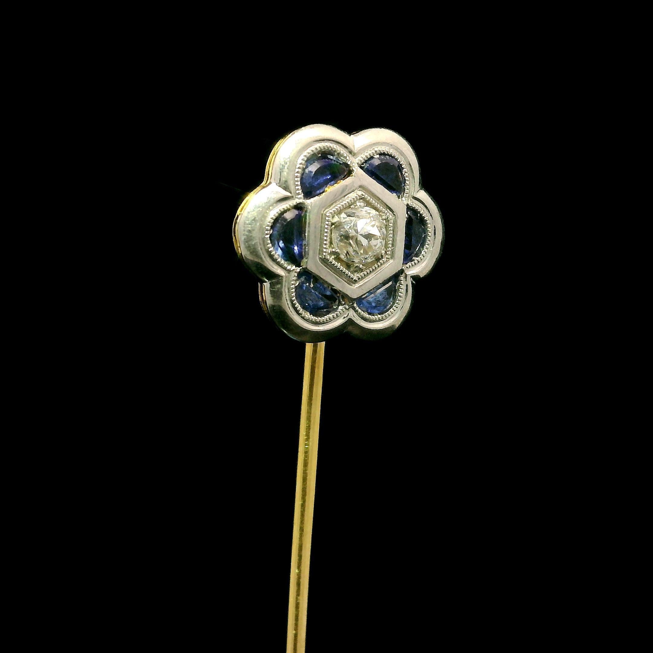 Antique Art Deco 18k Gold Sapphire Diamond Milgrain Etched Flower Stick ...