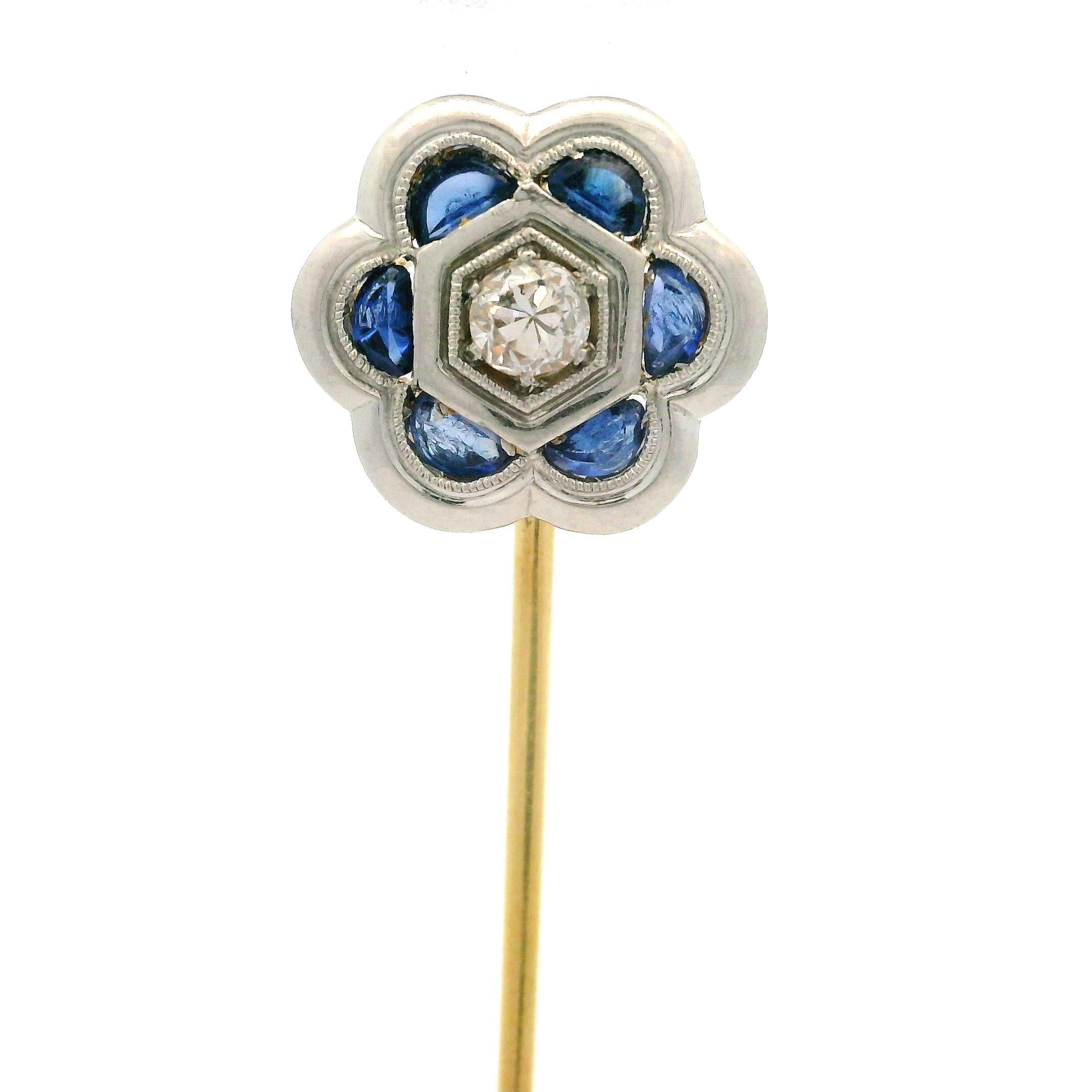 Antique Art Deco 18k Gold Sapphire Diamond Milgrain Etched Flower Stick ...