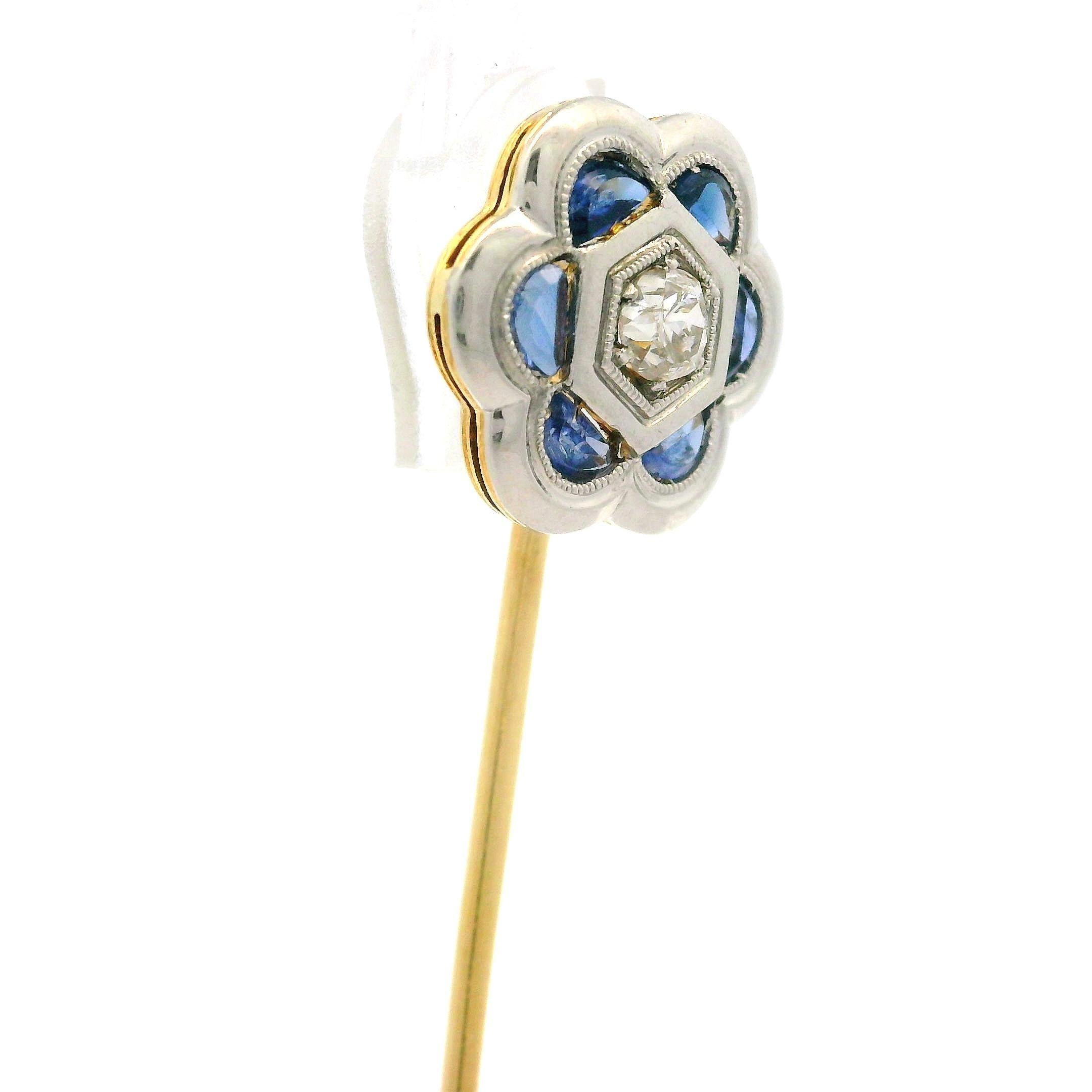 Antique Art Deco 18k Gold Sapphire Diamond Milgrain Etched Flower Stick ...