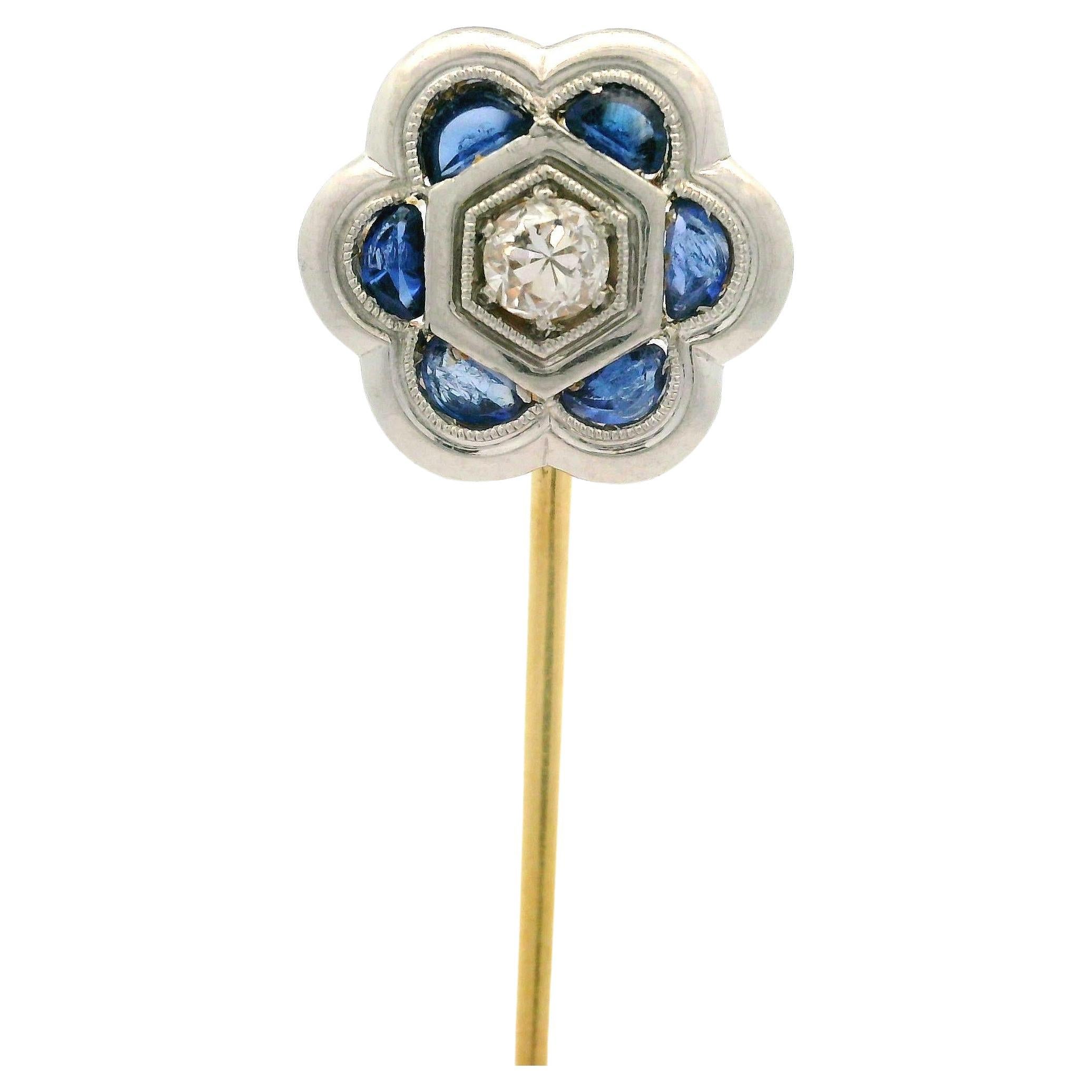 Antique Art Deco 18k Gold Sapphire Diamond Milgrain Etched Flower Stick Pin