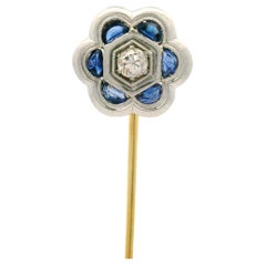 Antique Art Deco 18k Gold Sapphire Diamond Milgrain Etched Flower Stick Pin