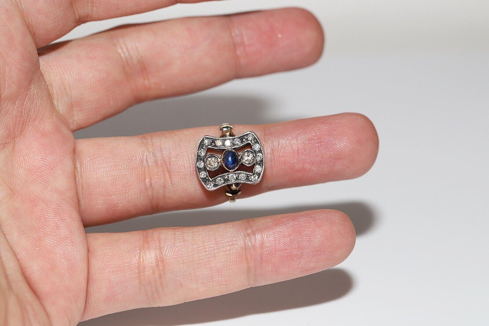 Anello antico Art Deco in oro 18k e argento con diamante naturale e zaffiro cabochon in vendita 5