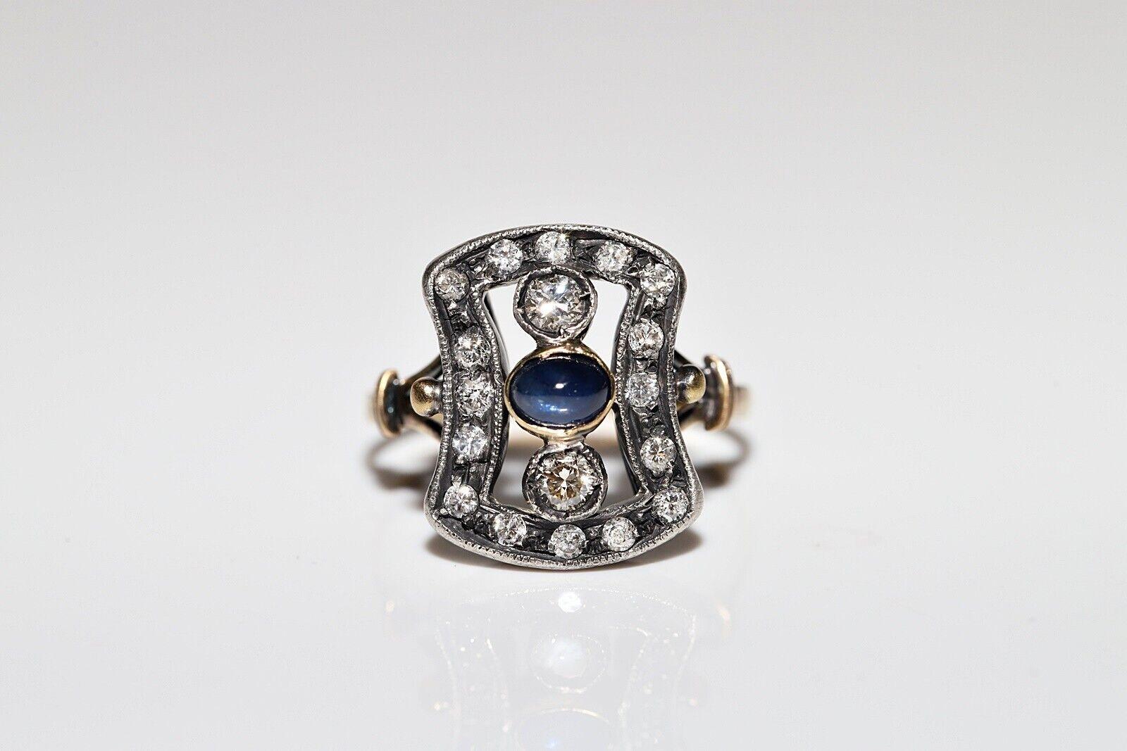 Taglio brillante Anello antico Art Deco in oro 18k e argento con diamante naturale e zaffiro cabochon in vendita