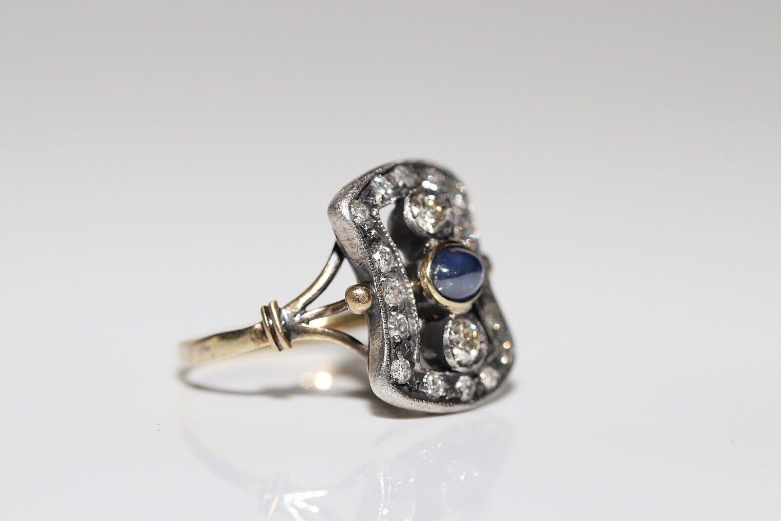 Anello antico Art Deco in oro 18k e argento con diamante naturale e zaffiro cabochon In condizioni buone in vendita a Fatih/İstanbul, 34
