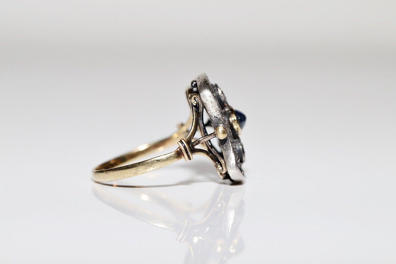 Donna Anello antico Art Deco in oro 18k e argento con diamante naturale e zaffiro cabochon in vendita