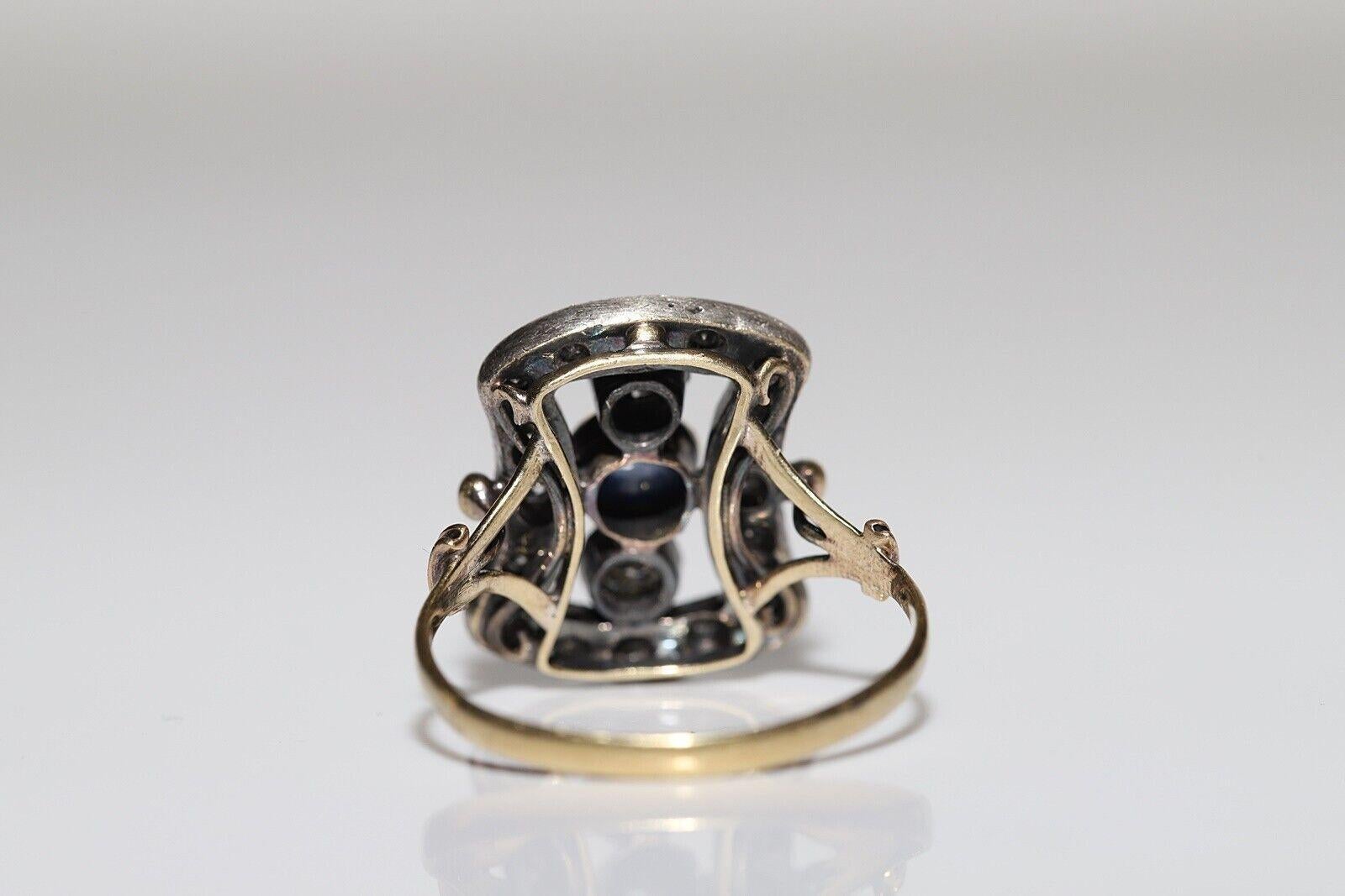 Anello antico Art Deco in oro 18k e argento con diamante naturale e zaffiro cabochon in vendita 1