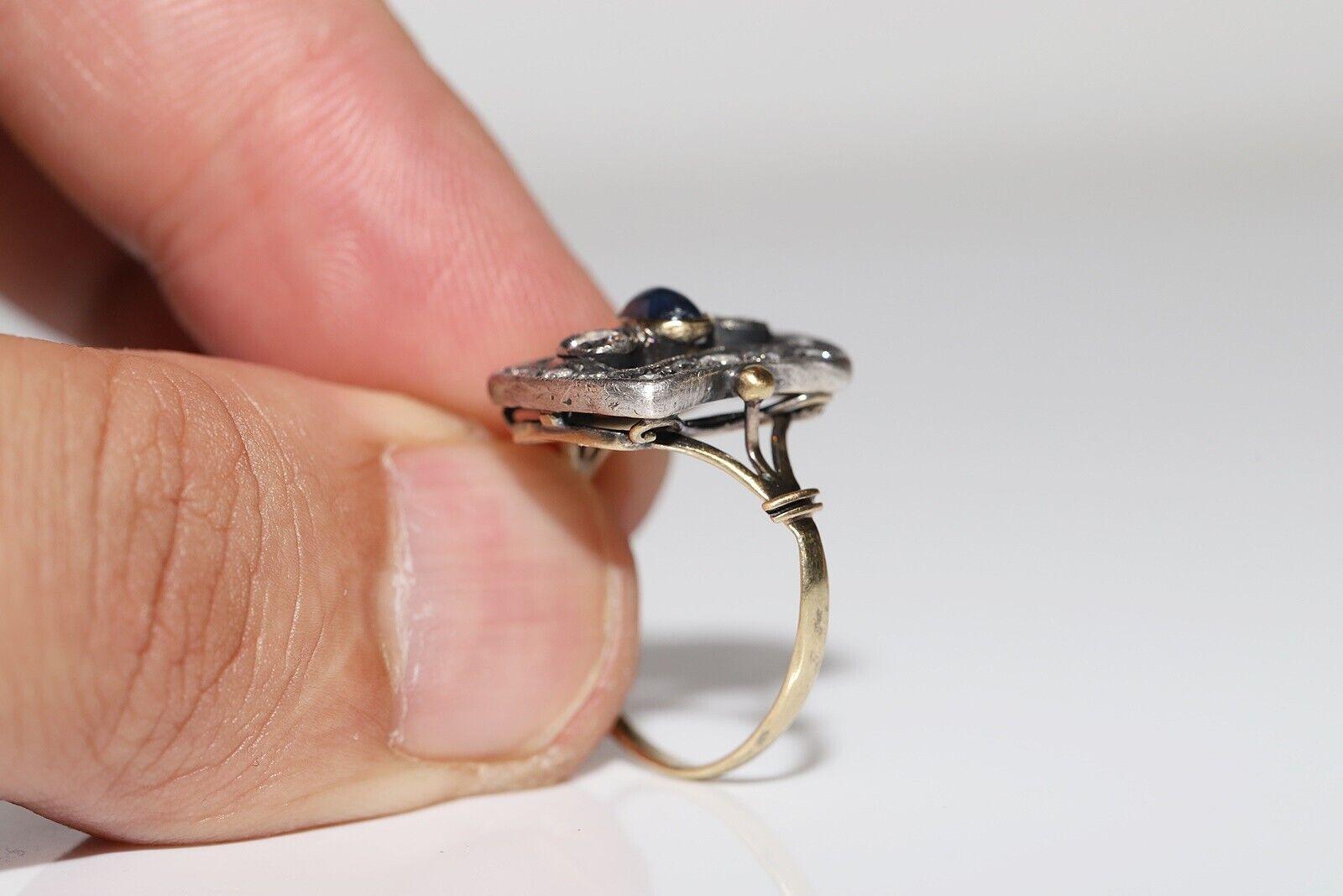 Anello antico Art Deco in oro 18k e argento con diamante naturale e zaffiro cabochon in vendita 2