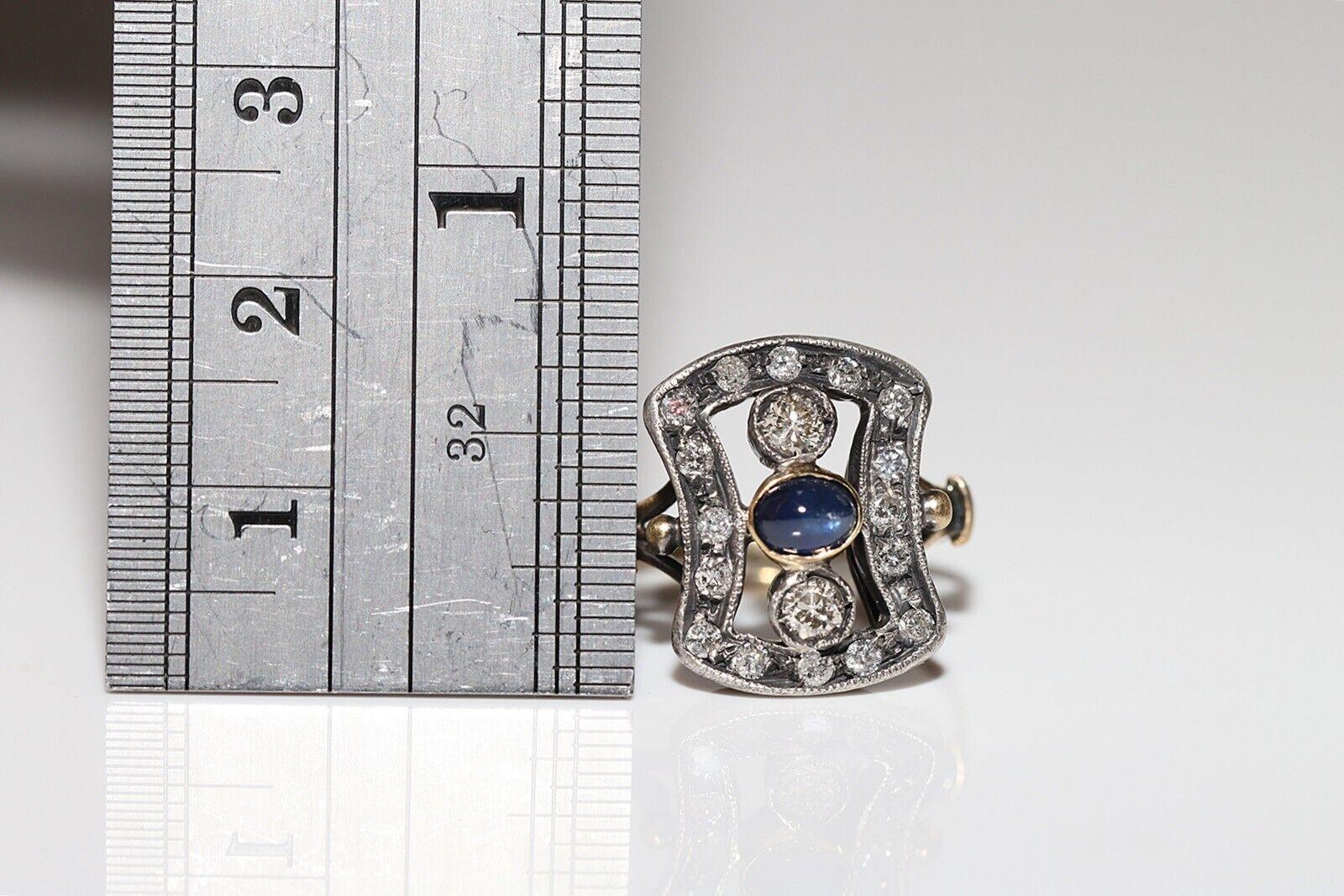 Anello antico Art Deco in oro 18k e argento con diamante naturale e zaffiro cabochon in vendita 3