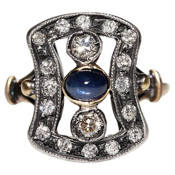 Anillo Antiguo Art Decó de Oro de 18 quilates y Plata con Diamante Natural y Zafiro Cabujón