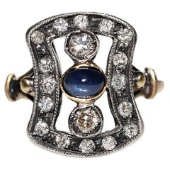 Anillo Antiguo Art Decó de Oro de 18 quilates y Plata con Diamante Natural y Zafiro Cabujón