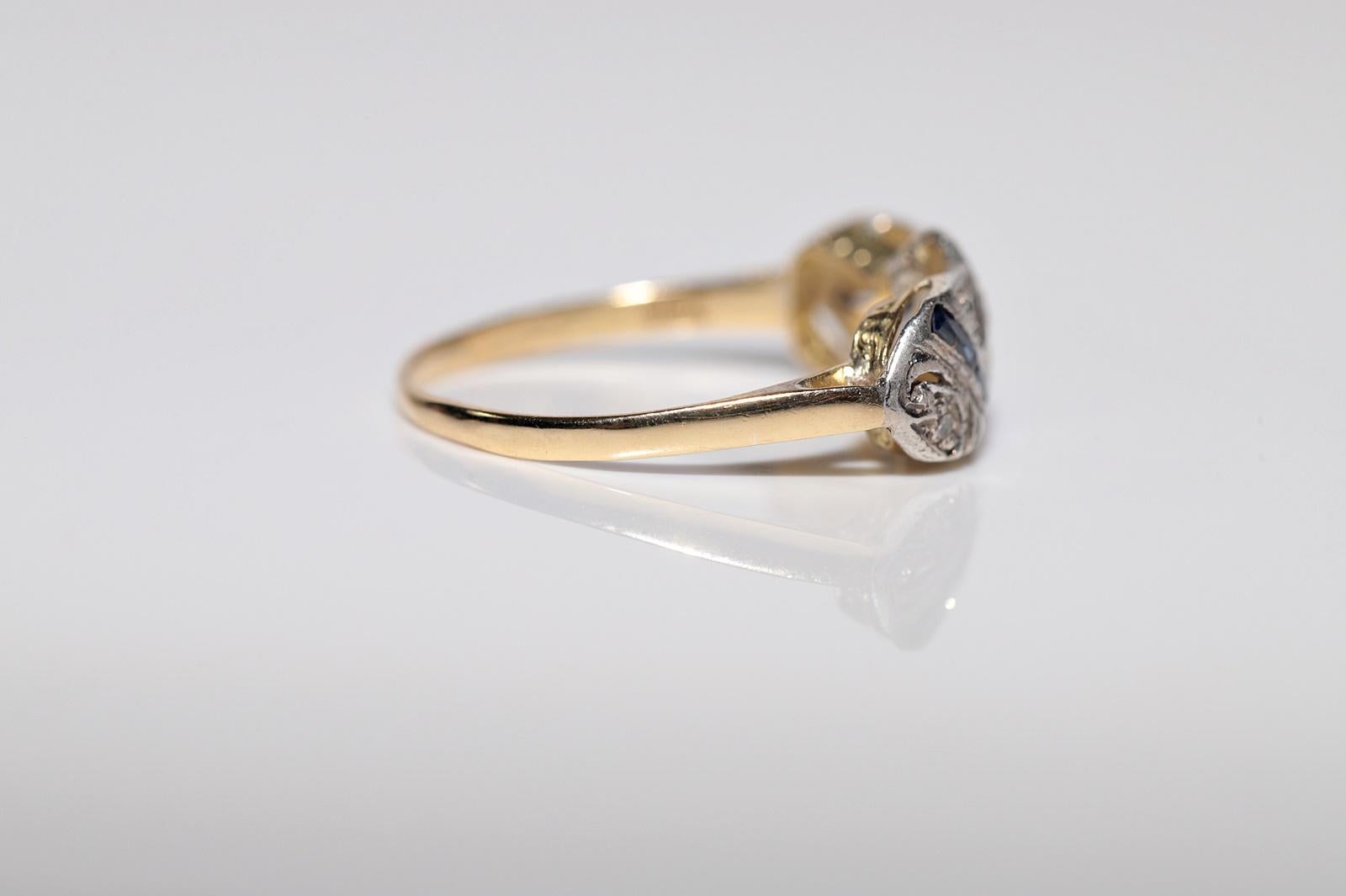 Antique Art Deco  18k Gold Top Silver Natural Diamond And Sapphire Ring For Sale 6