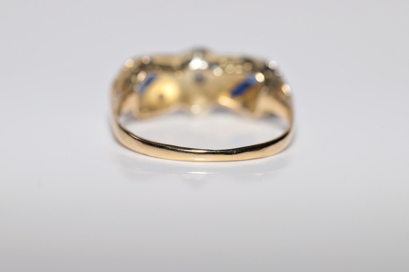Antique Art Deco  18k Gold Top Silver Natural Diamond And Sapphire Ring For Sale 8