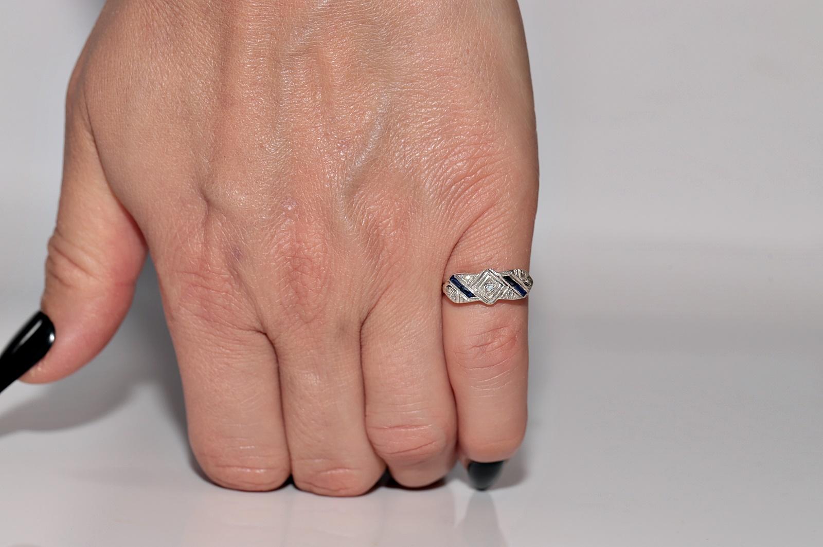 Brilliant Cut Antique Art Deco  18k Gold Top Silver Natural Diamond And Sapphire Ring For Sale