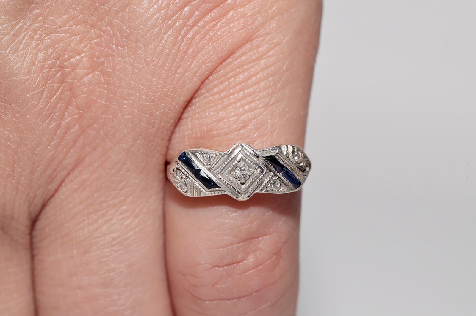Women's Antique Art Deco  18k Gold Top Silver Natural Diamond And Sapphire Ring For Sale