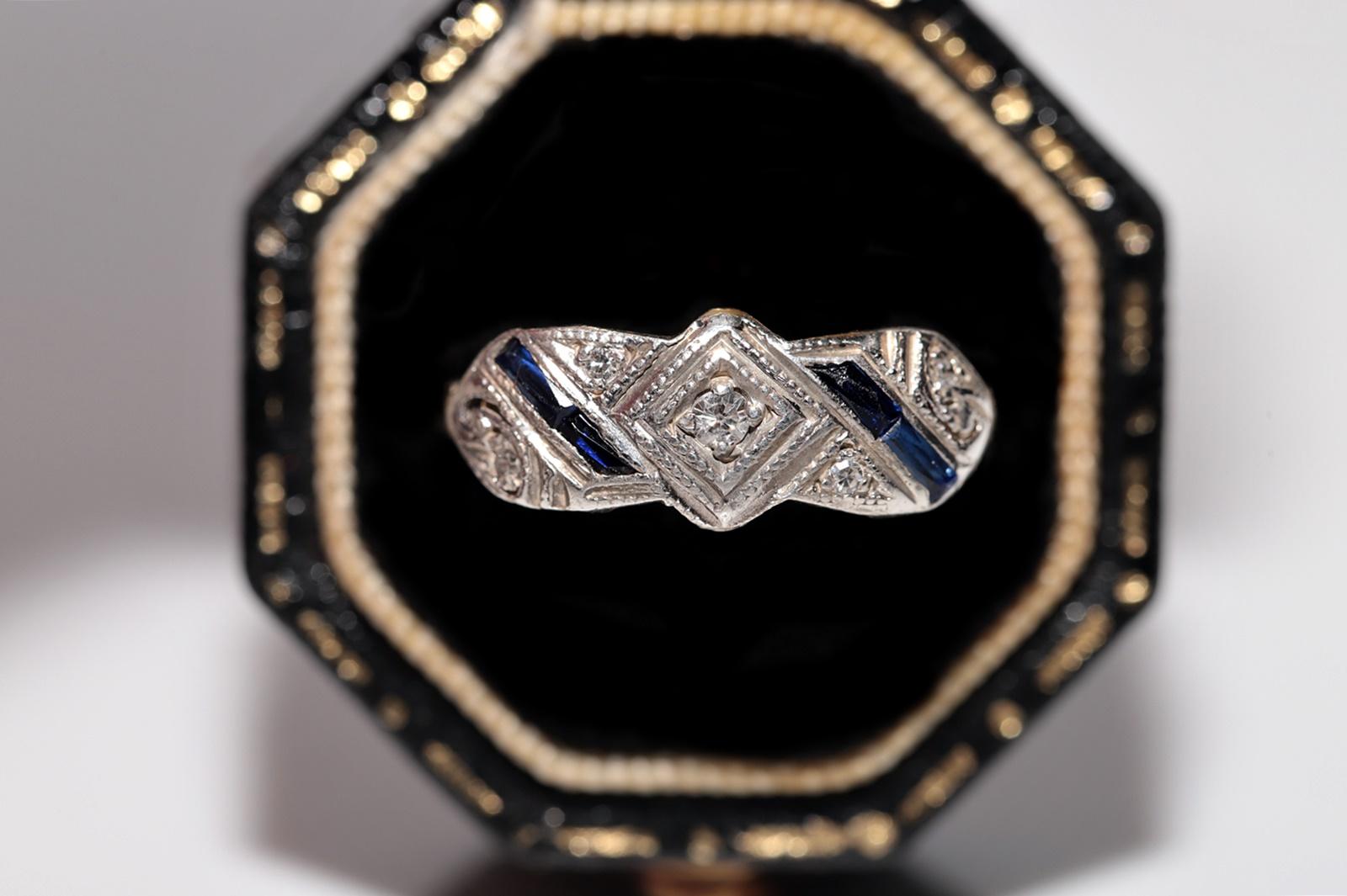 Antique Art Deco  18k Gold Top Silver Natural Diamond And Sapphire Ring For Sale 2