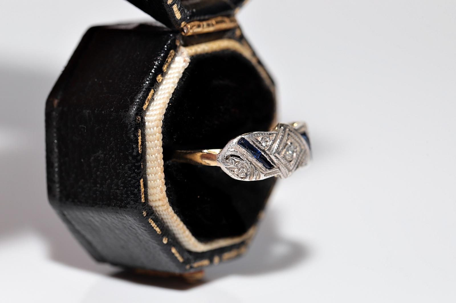 Antique Art Deco  18k Gold Top Silver Natural Diamond And Sapphire Ring For Sale 3