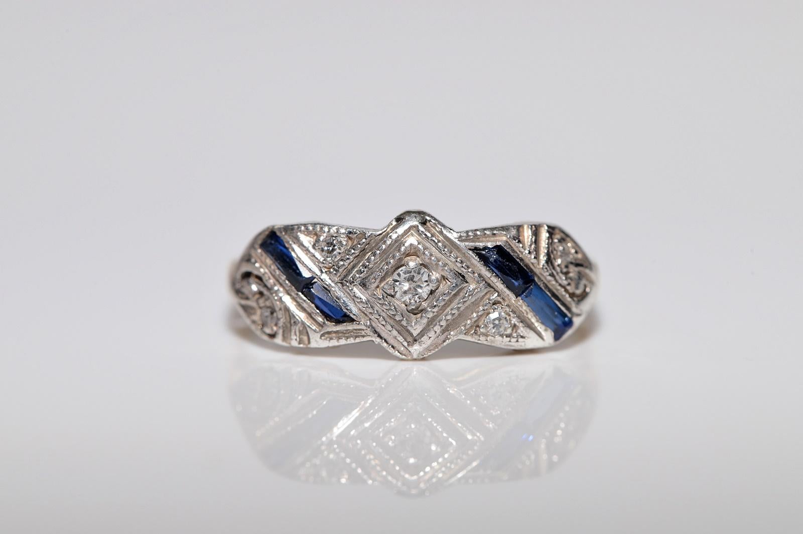 Antique Art Deco  18k Gold Top Silver Natural Diamond And Sapphire Ring For Sale 4