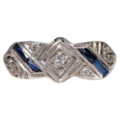 Antiguo Art Decó  Anillo De Diamantes Y Zafiros Naturales De Oro De 18k Superior A La Plata