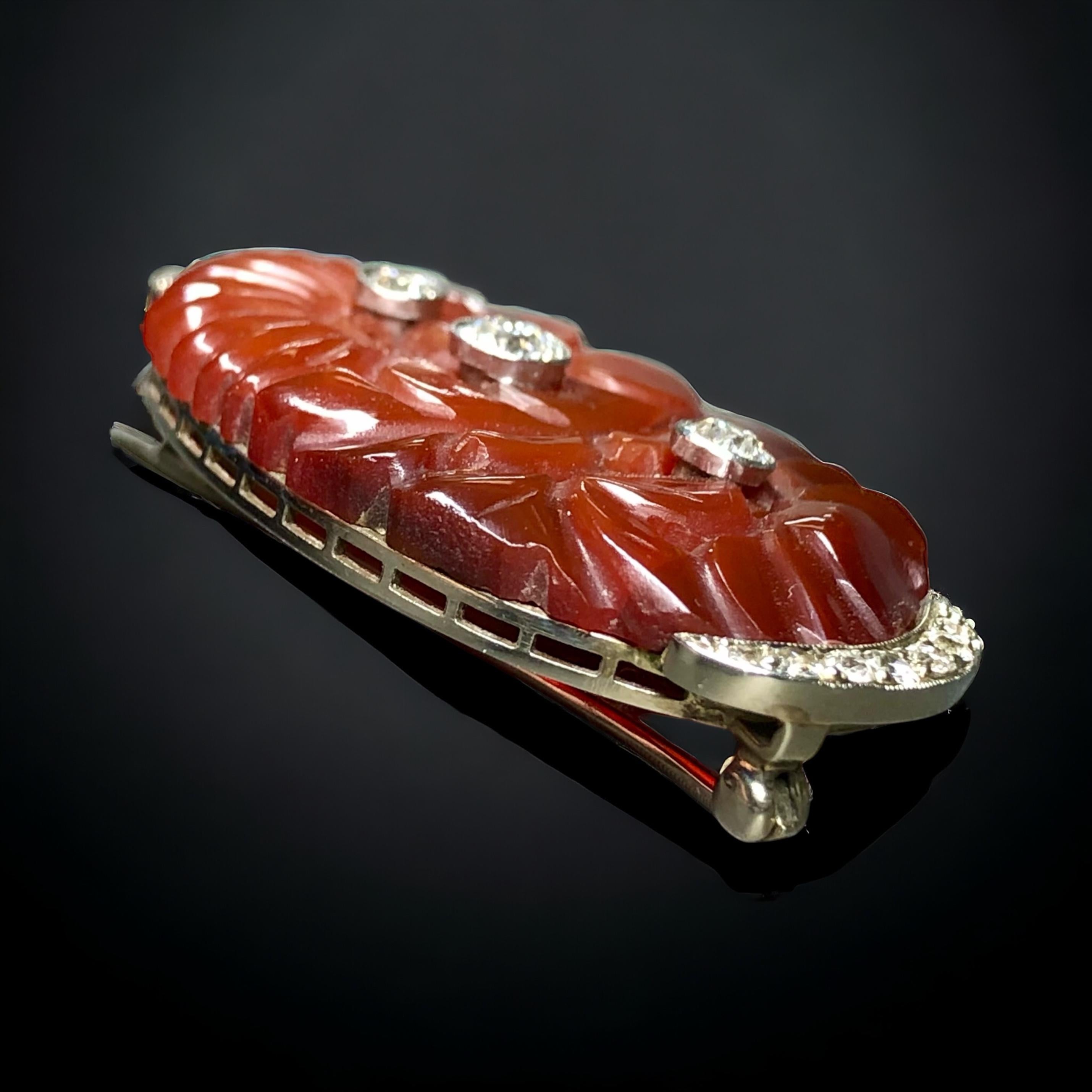 Art Deco Antique ART DECO 18K Old European Cut Diamond Carved Carnelian Floral Brooch