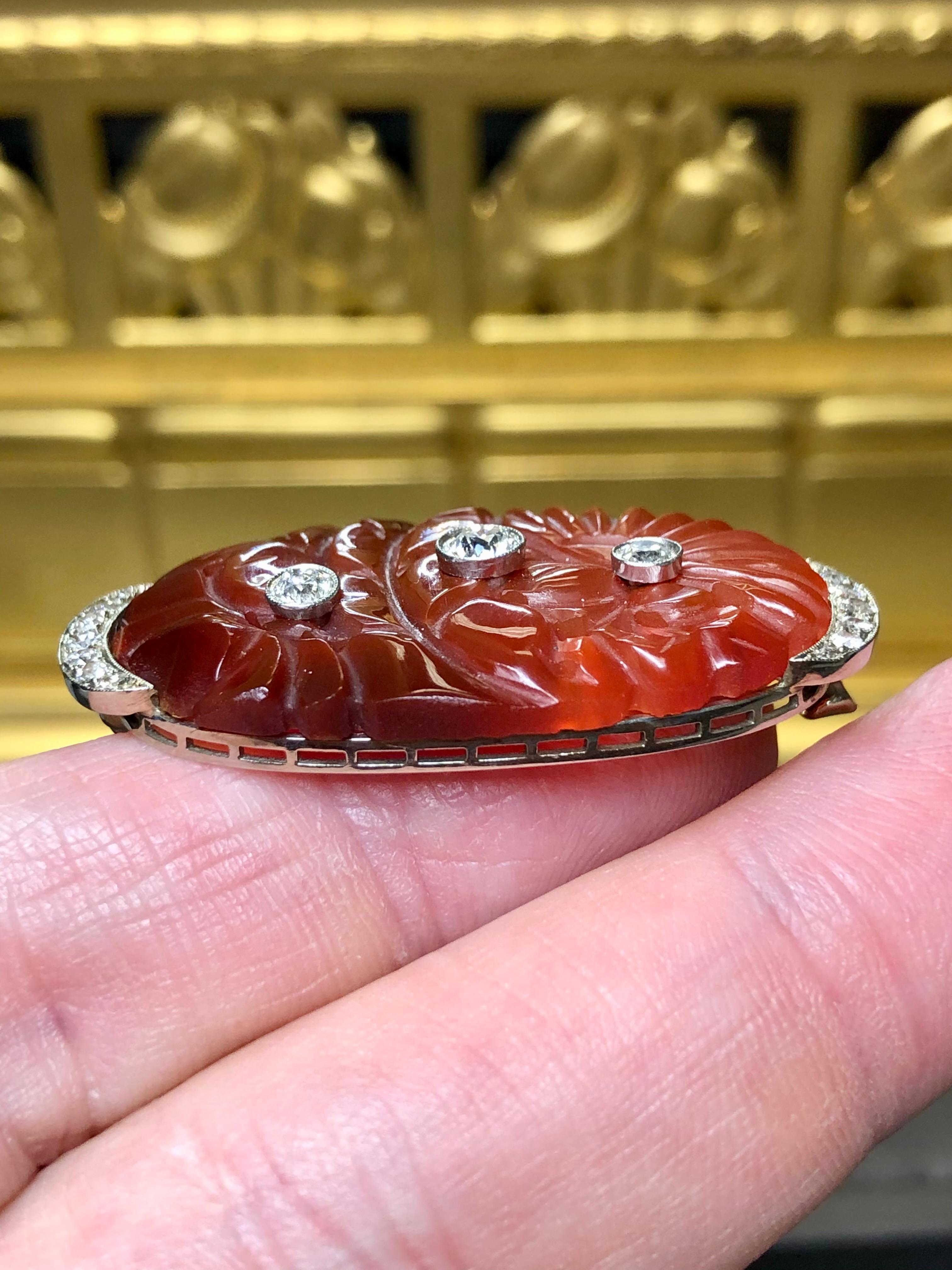 Antique ART DECO 18K Old European Cut Diamond Carved Carnelian Floral Brooch 1