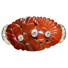 Antique ART DECO 18K Old European Cut Diamond Carved Carnelian Floral Brooch