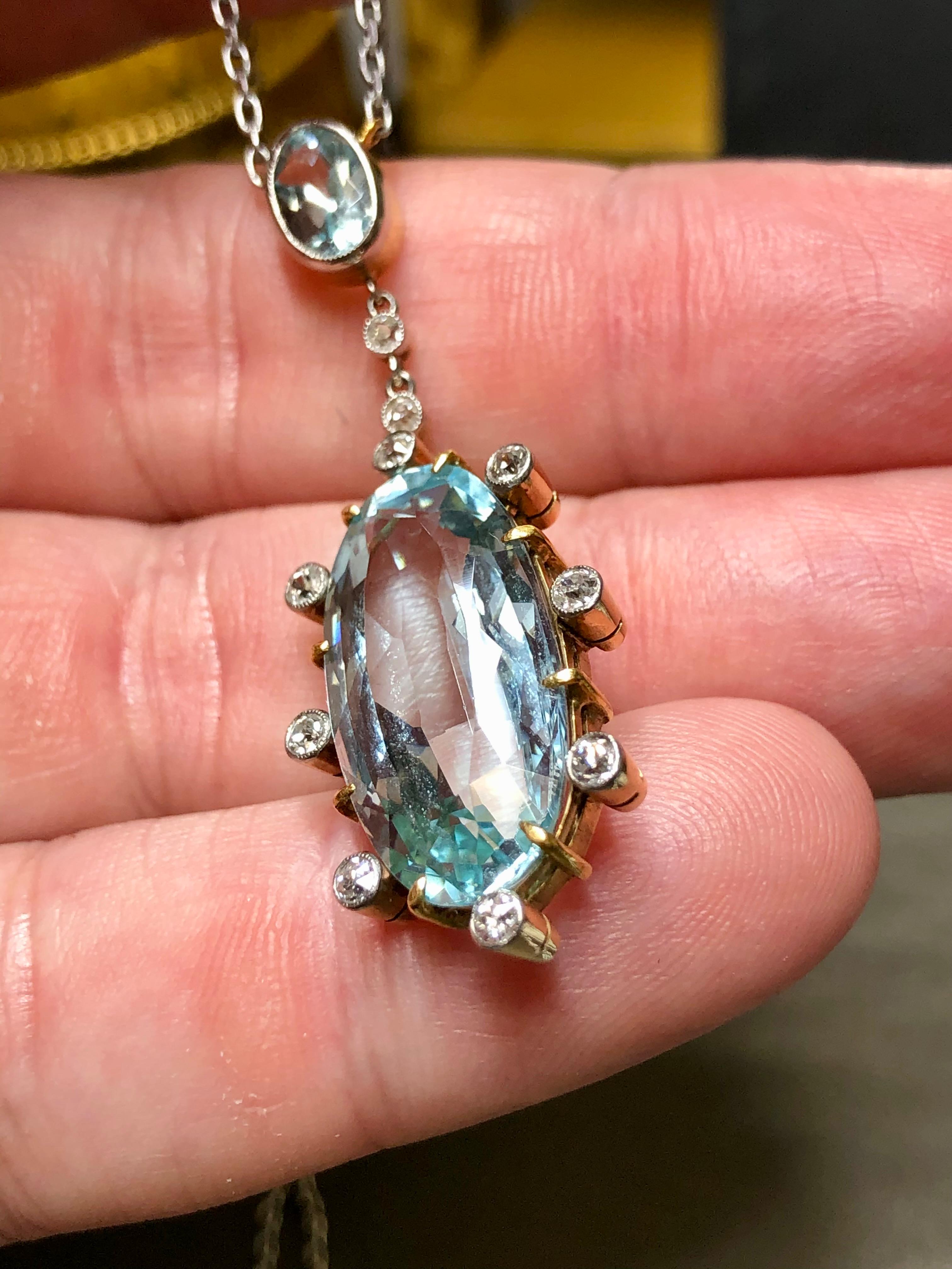 Antique Art Deco 18K Platinum Aquamarine Mine Cut Diamond Y-Drop Necklace For Sale 5