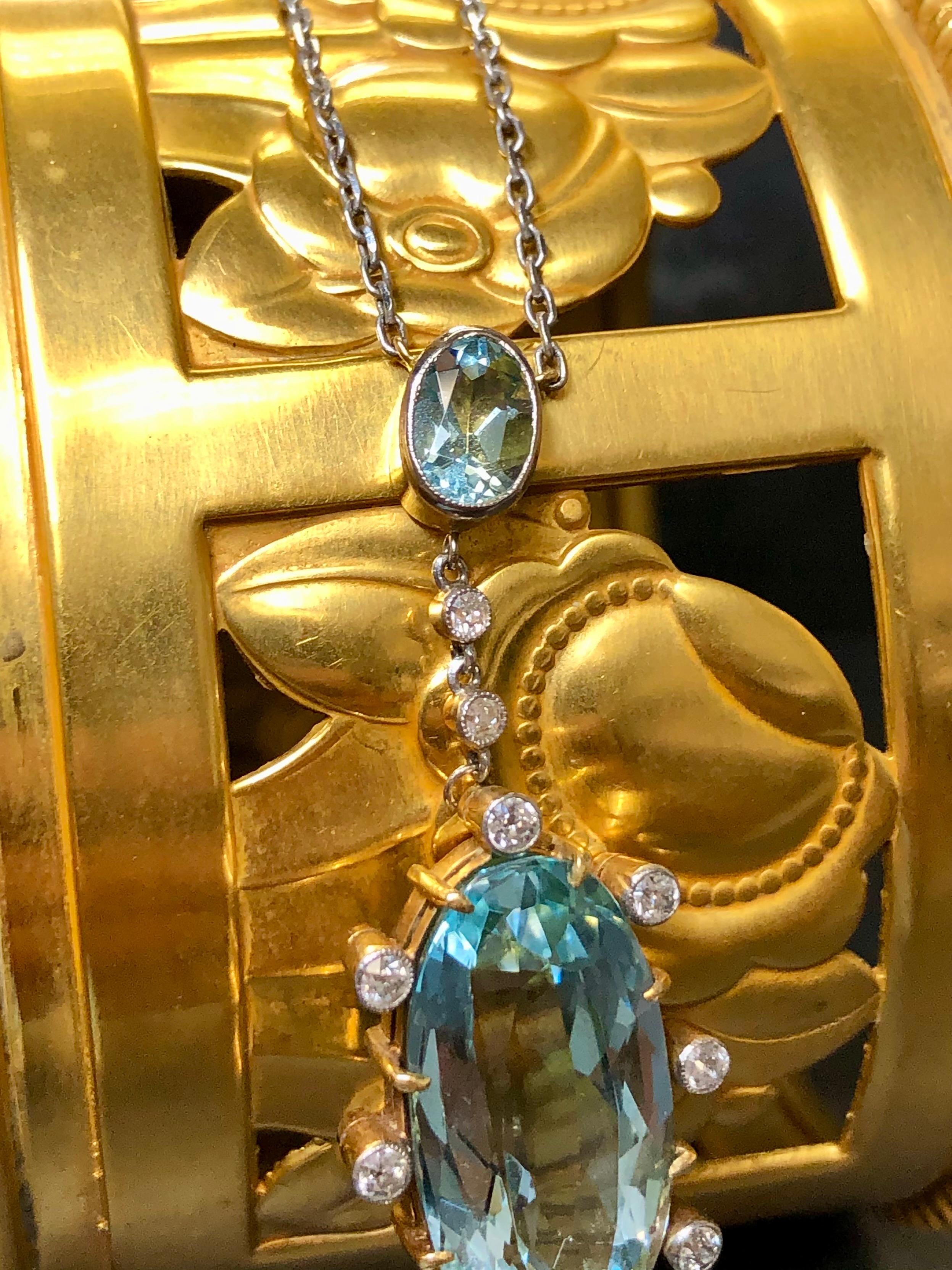 Old Mine Cut Antique Art Deco 18K Platinum Aquamarine Mine Cut Diamond Y-Drop Necklace For Sale