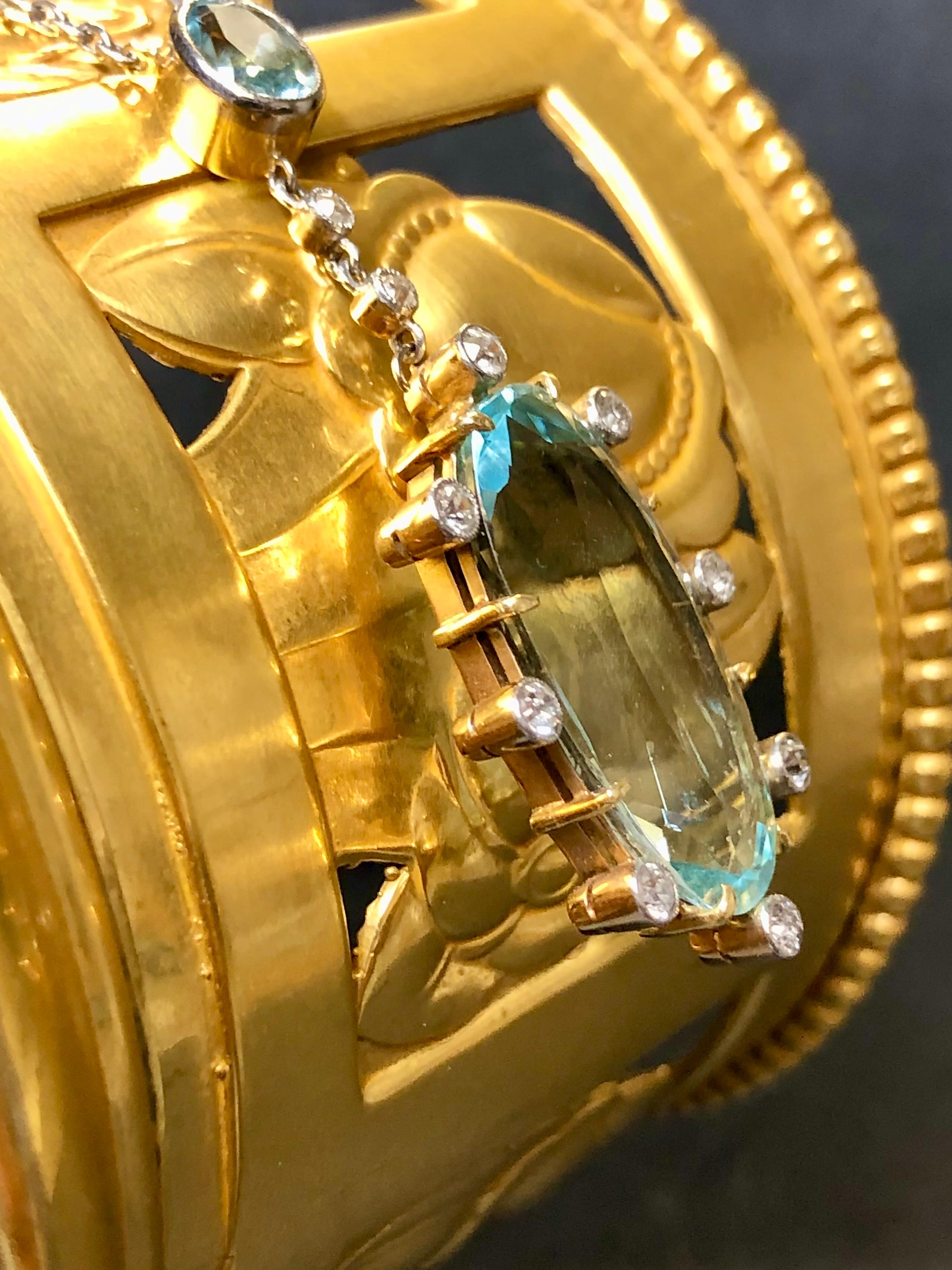 Antique Art Deco 18K Platinum Aquamarine Mine Cut Diamond Y-Drop Necklace In Good Condition For Sale In Winter Springs, FL
