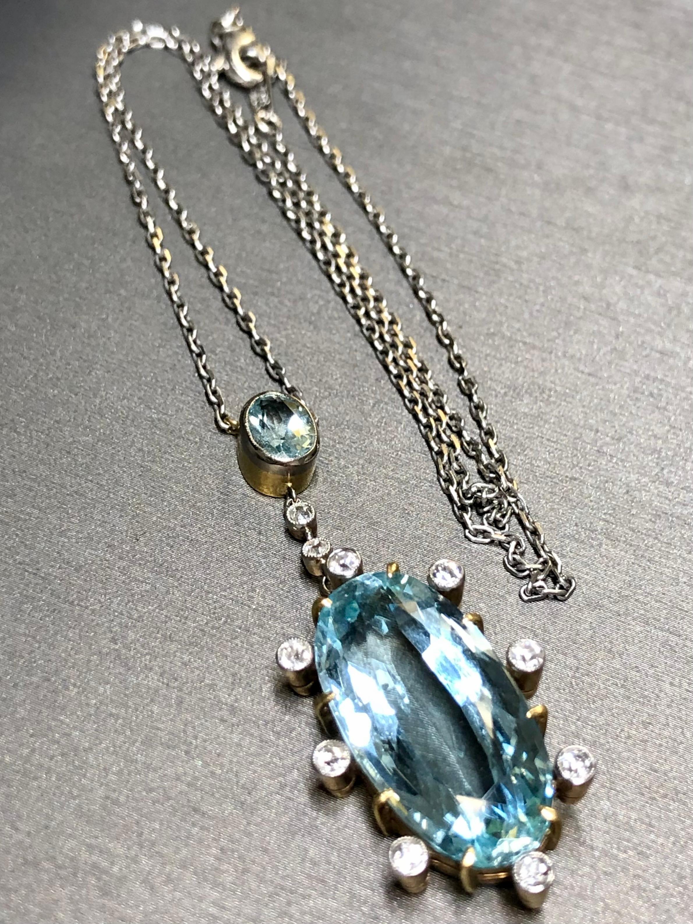 Antique Art Deco 18K Platinum Aquamarine Mine Cut Diamond Y-Drop Necklace For Sale 1