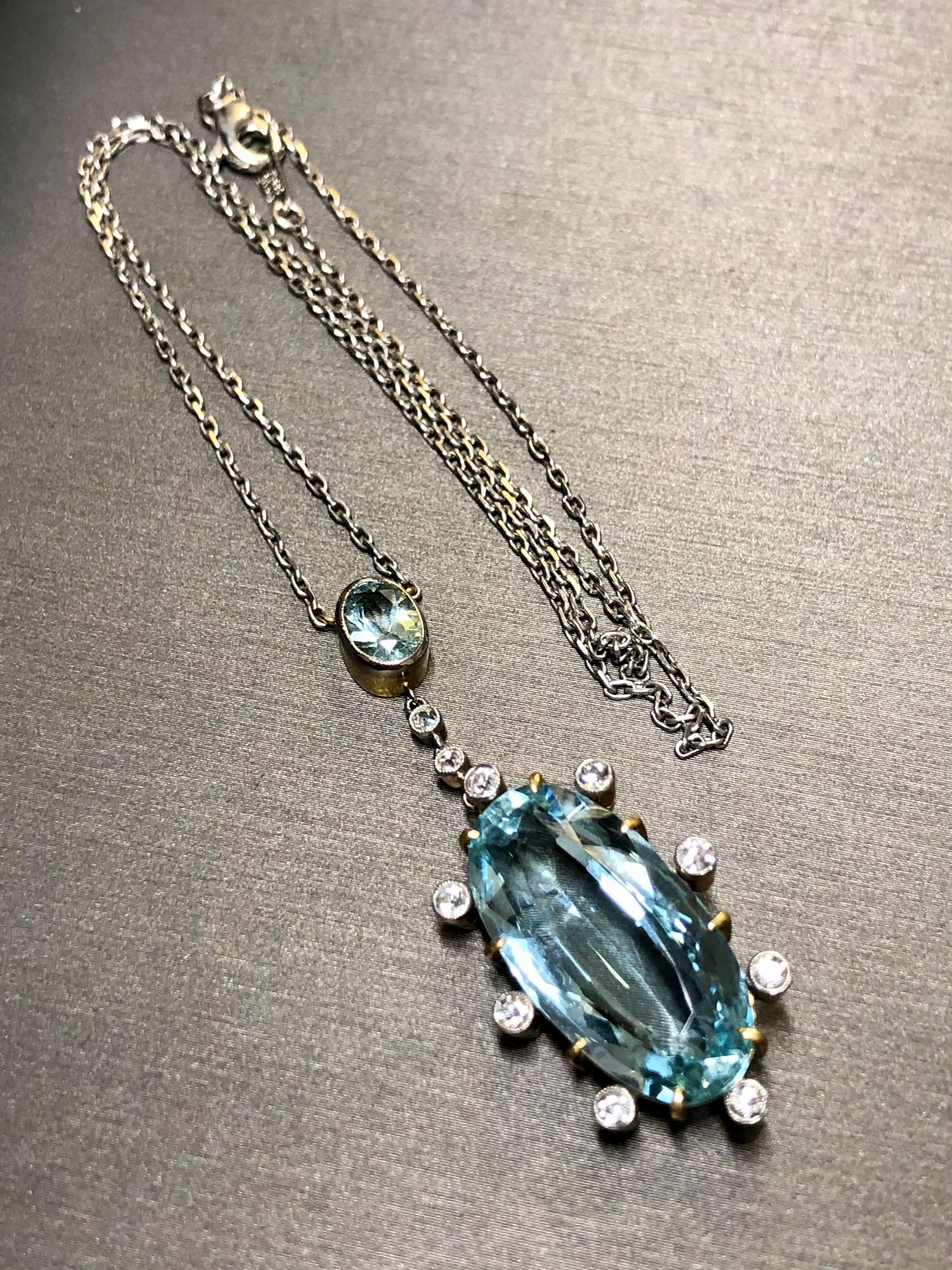 Antique Art Deco 18K Platinum Aquamarine Mine Cut Diamond Y-Drop Necklace For Sale 3