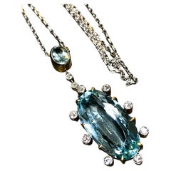 Antique Art Deco 18K Platinum Aquamarine Mine Cut Diamond Y-Drop Necklace