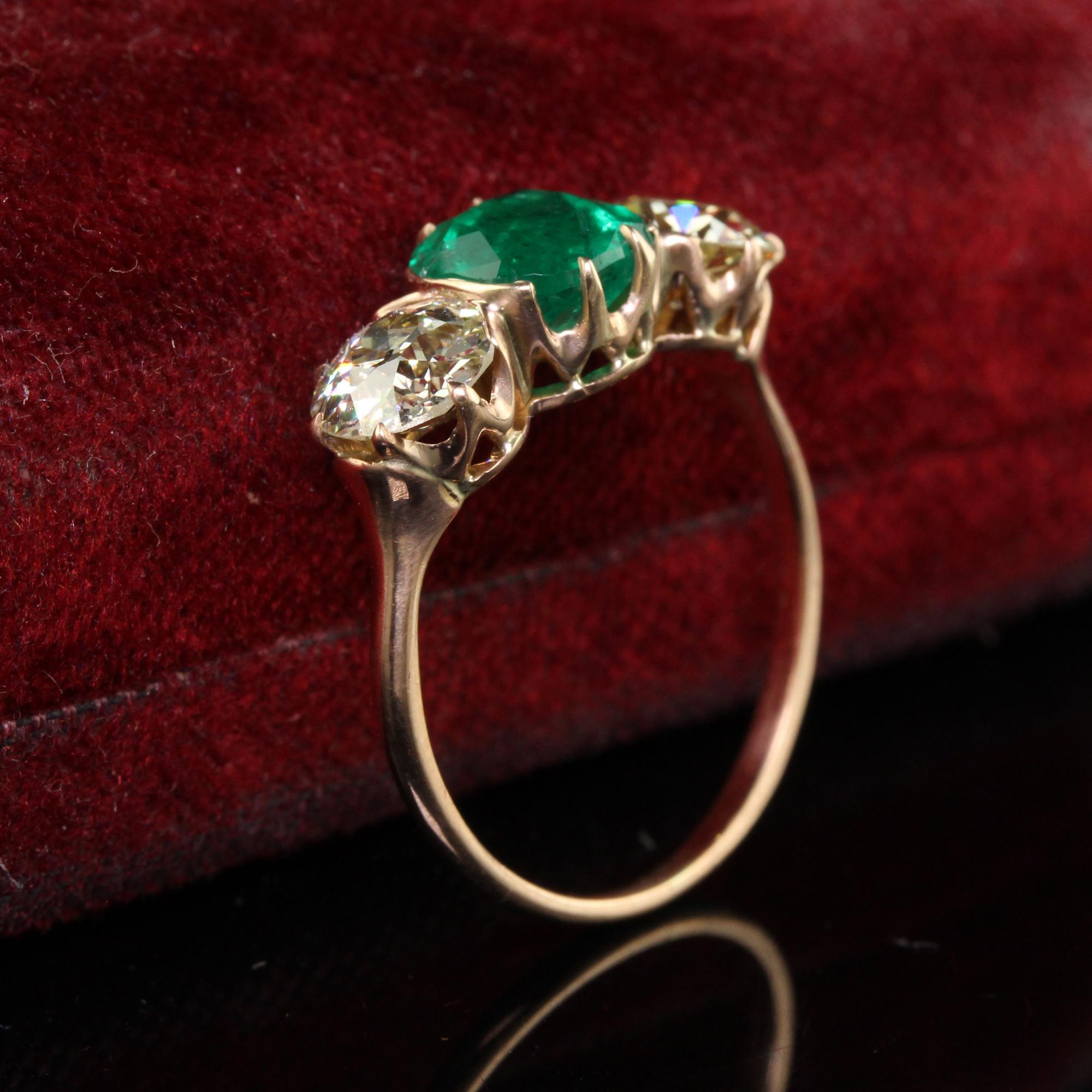 Old European Cut Antique Art Deco 18K Rose Gold Old Euro Diamond Emerald Three Stone Ring - GIA For Sale