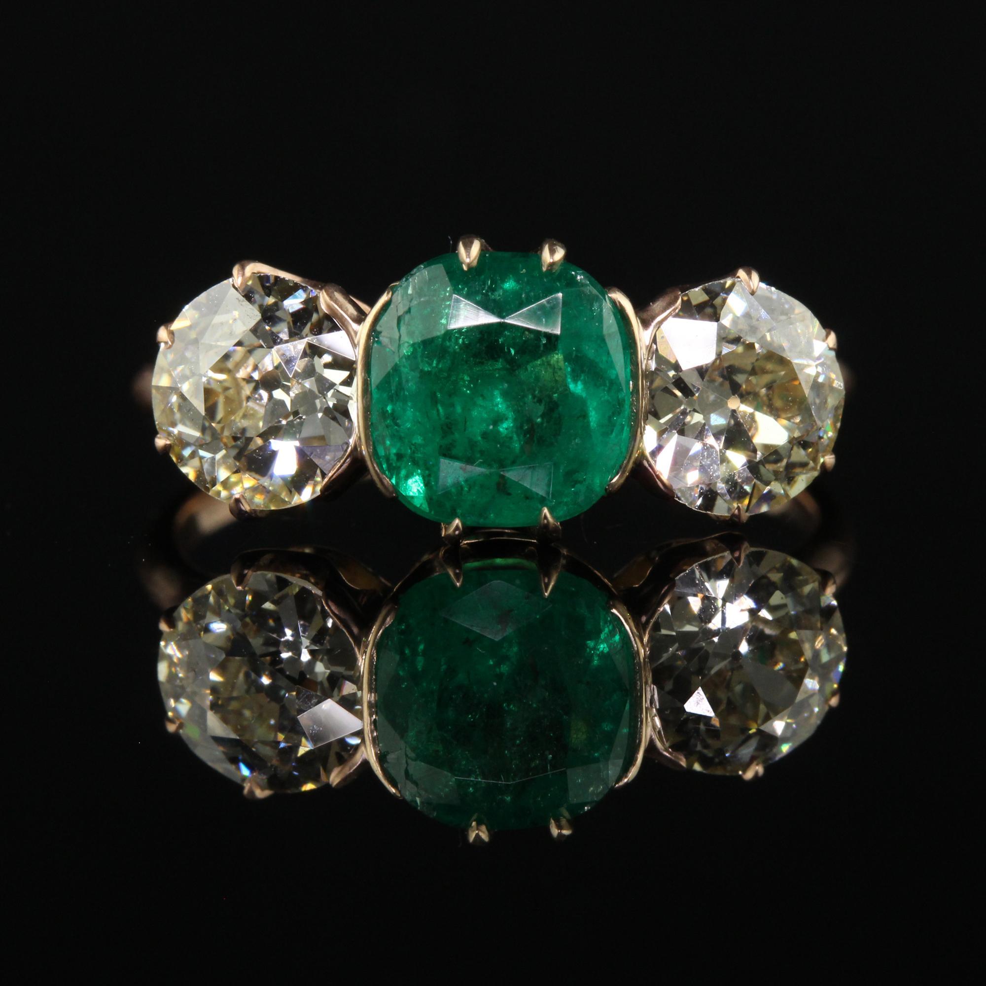 Women's Antique Art Deco 18K Rose Gold Old Euro Diamond Emerald Three Stone Ring - GIA For Sale