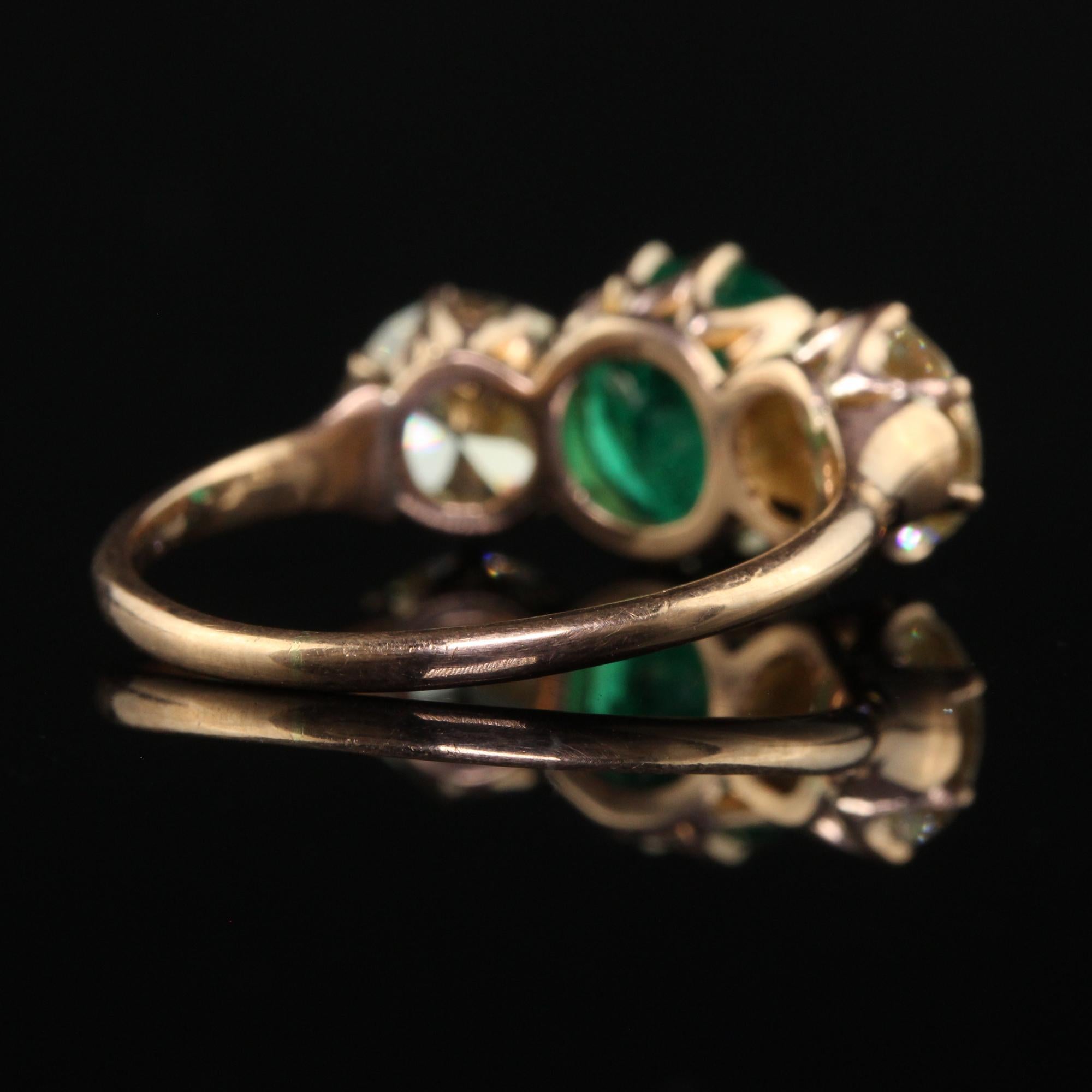 Antique Art Deco 18K Rose Gold Old Euro Diamond Emerald Three Stone Ring - GIA For Sale 1
