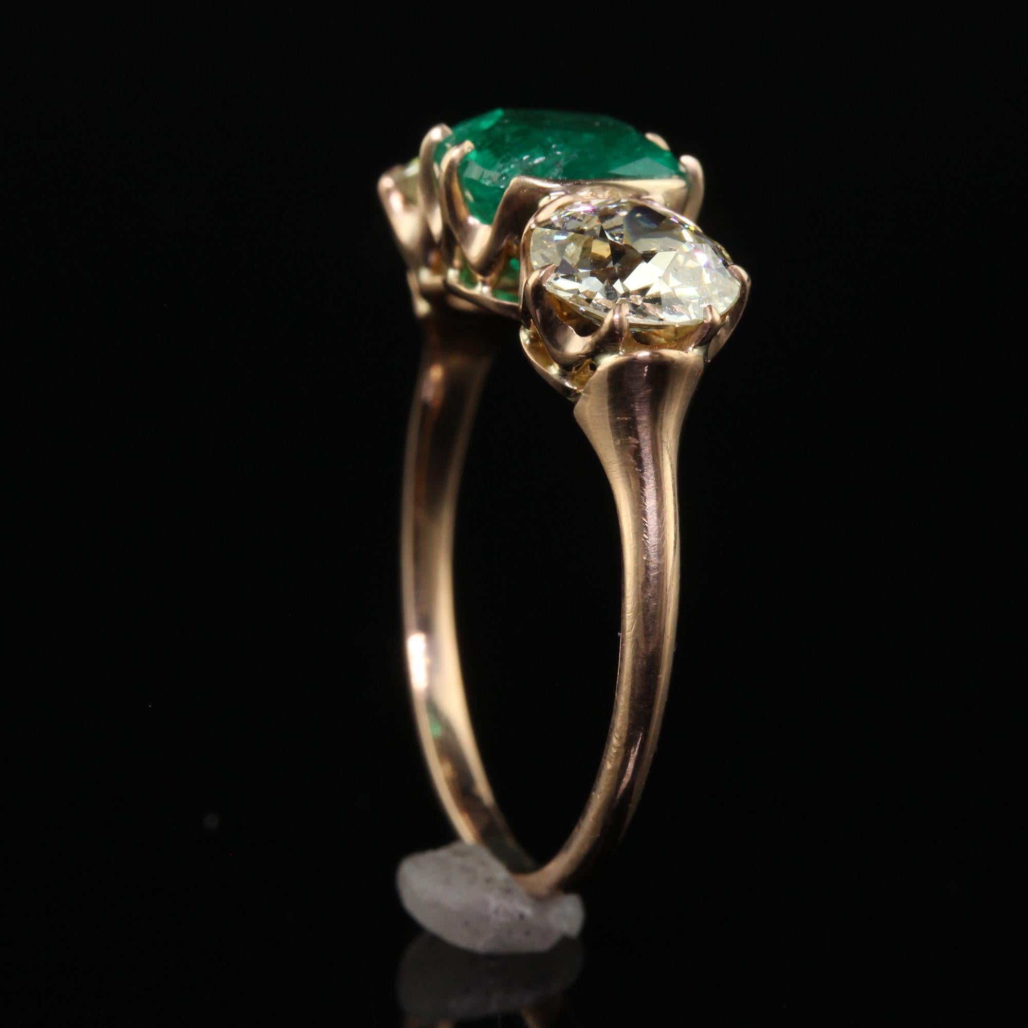 Antique Art Deco 18K Rose Gold Old Euro Diamond Emerald Three Stone Ring - GIA For Sale 2