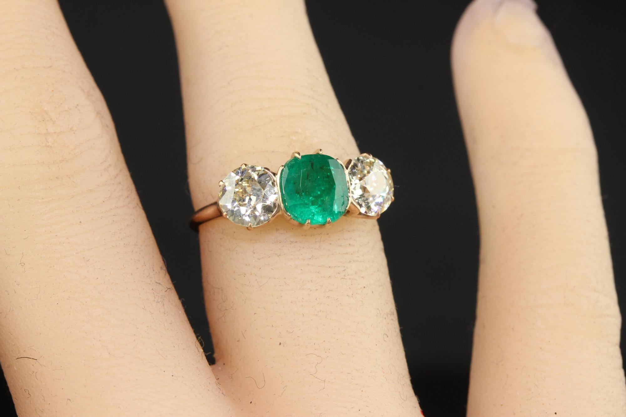 Antique Art Deco 18K Rose Gold Old Euro Diamond Emerald Three Stone Ring - GIA For Sale 3