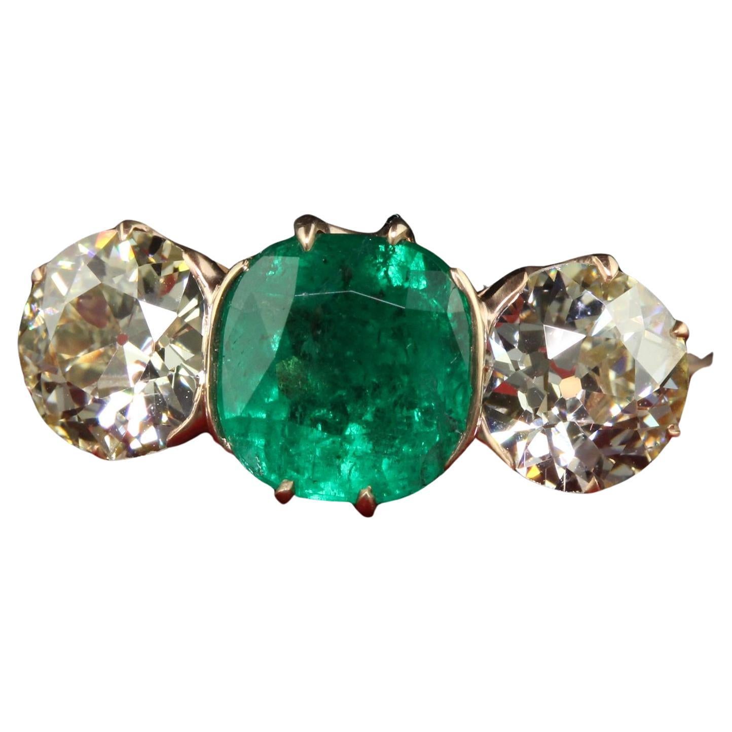 Antique Art Deco 18K Rose Gold Old Euro Diamond Emerald Three Stone Ring - GIA For Sale