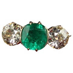 Vintage Art Deco 18K Rose Gold Old Euro Diamond Emerald Three Stone Ring - GIA