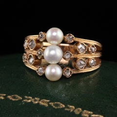 Antique Art Deco 18K Rose Gold Pearl and Rose Cut Diamond Ring