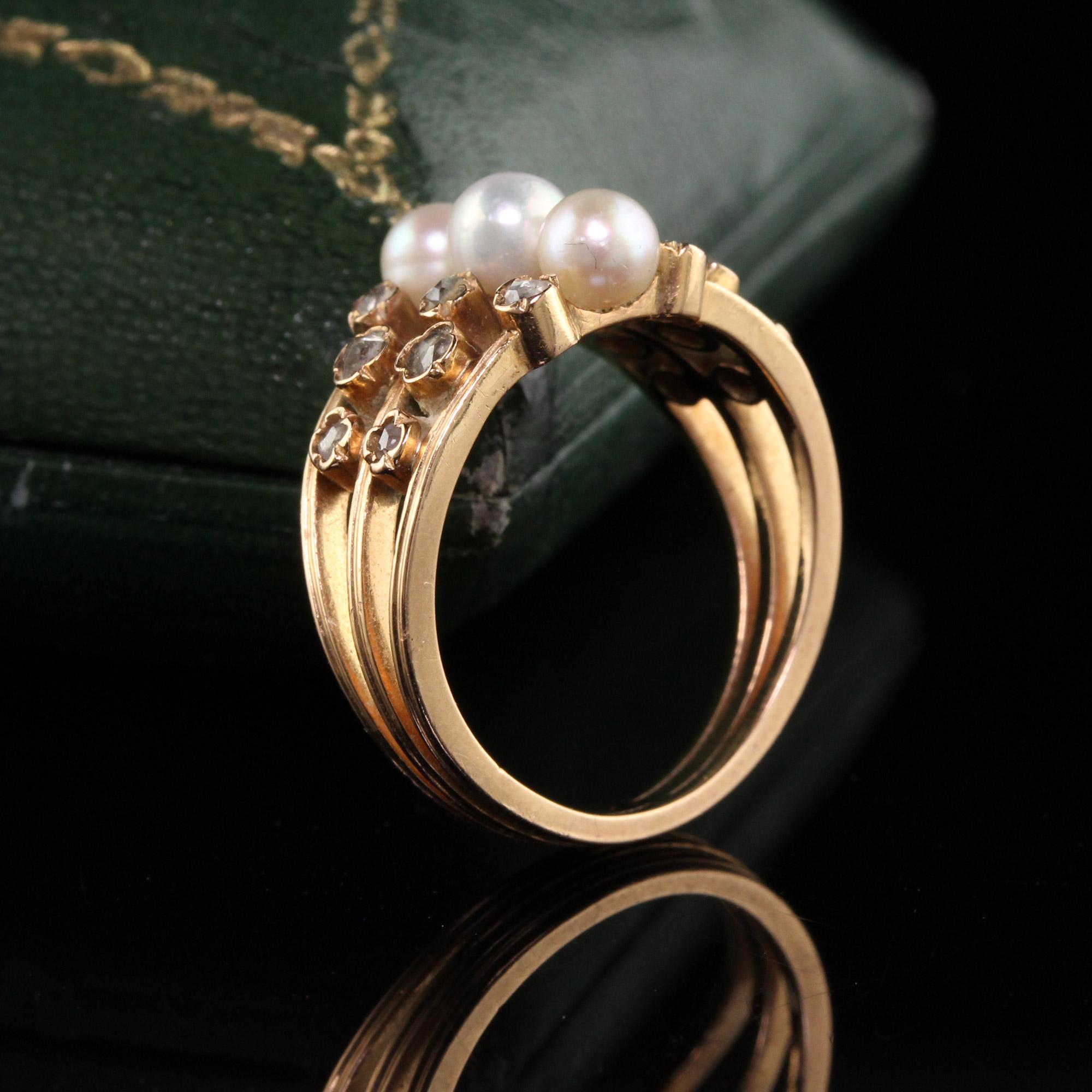 Antique Art Deco 18K Rose Gold Pearl and Rose Cut Diamond Ring In Good Condition For Sale In Great Neck, NY