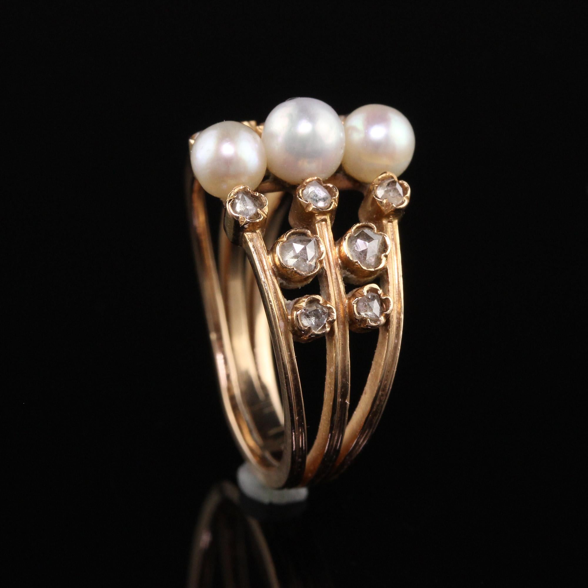 Antique Art Deco 18K Rose Gold Pearl and Rose Cut Diamond Ring For Sale 2