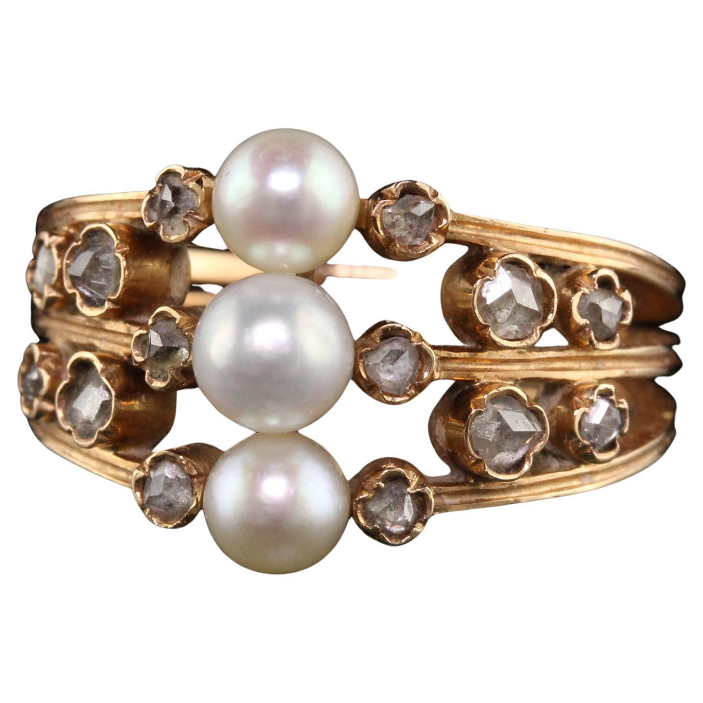 Bague Art dco ancienne en or rose 18 carats avec perles et diamants taille rose