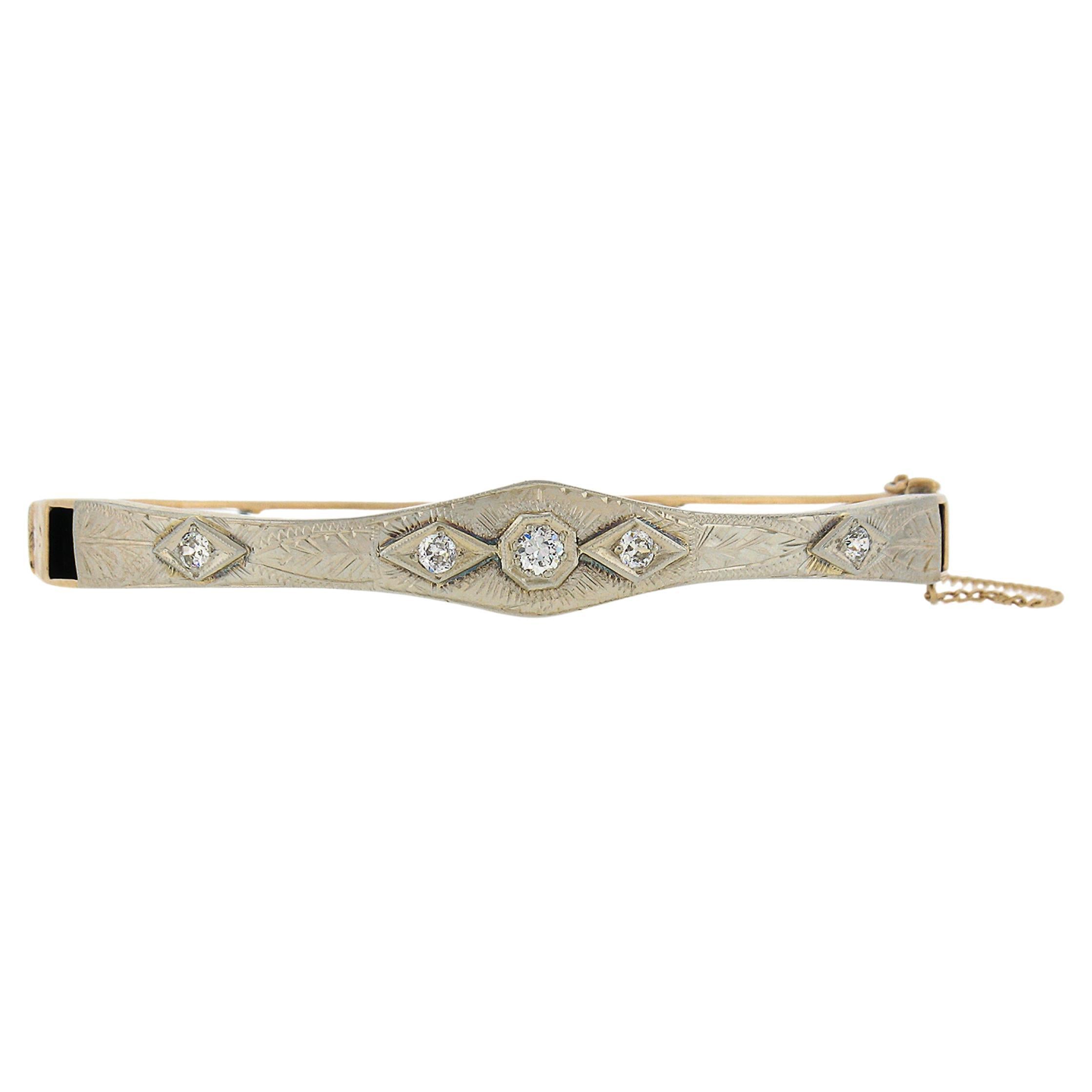 Antique Art Deco 18K TT Gold .37ctw Diamond Engraved Hinged Open Bangle Bracelet For Sale