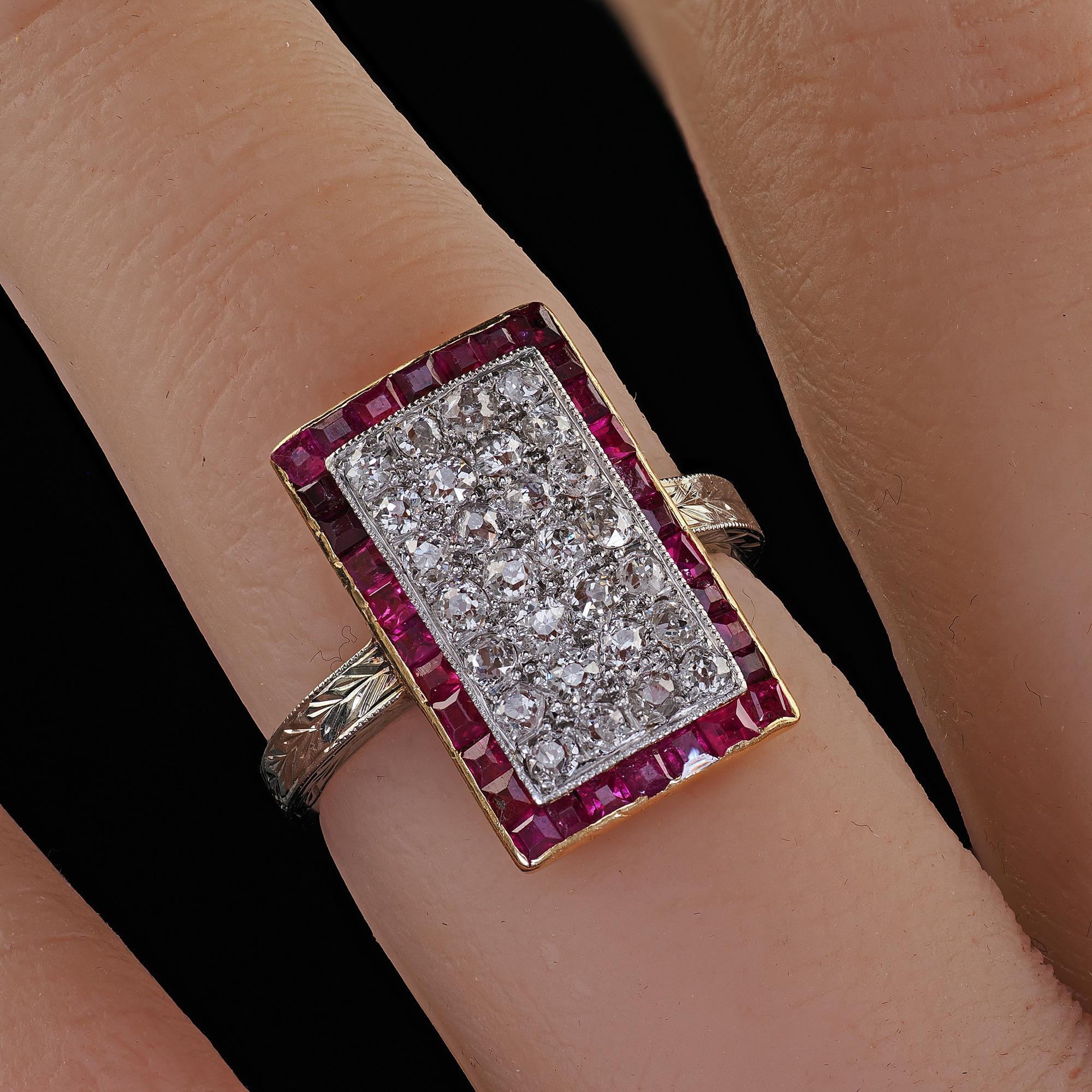 Antique Art Deco 18K Two Tone Gold Old Mine Diamond and Ruby Panel Ring For Sale 6