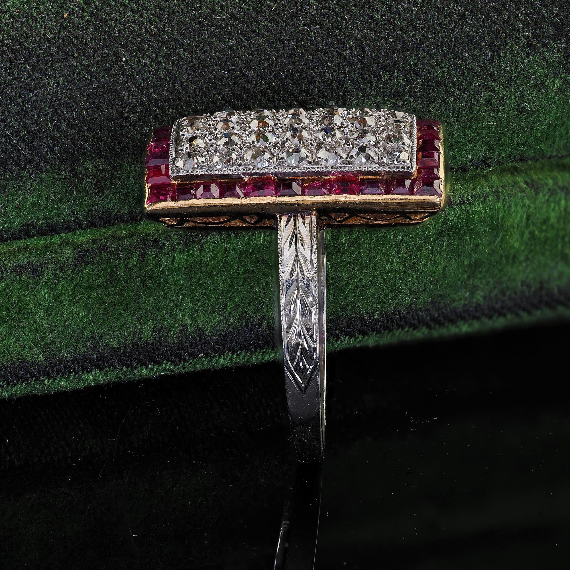 Old Mine Cut Antique Art Deco 18K Two Tone Gold Old Mine Diamond and Ruby Panel Ring For Sale