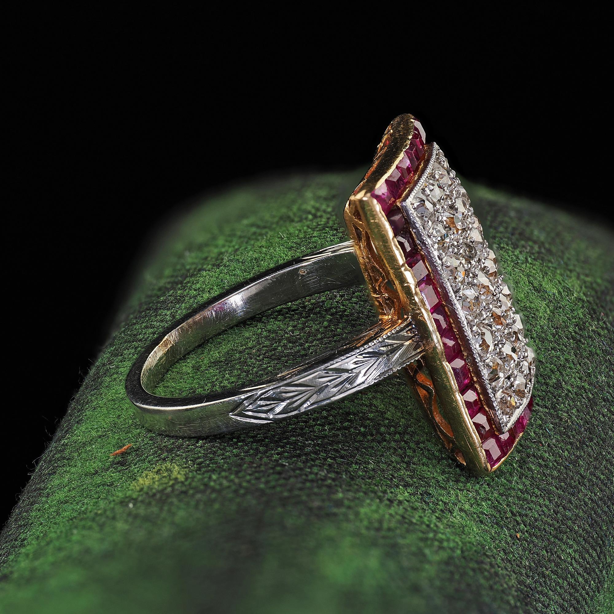 Antique Art Deco 18K Two Tone Gold Old Mine Diamond and Ruby Panel Ring In Good Condition For Sale In Great Neck, NY